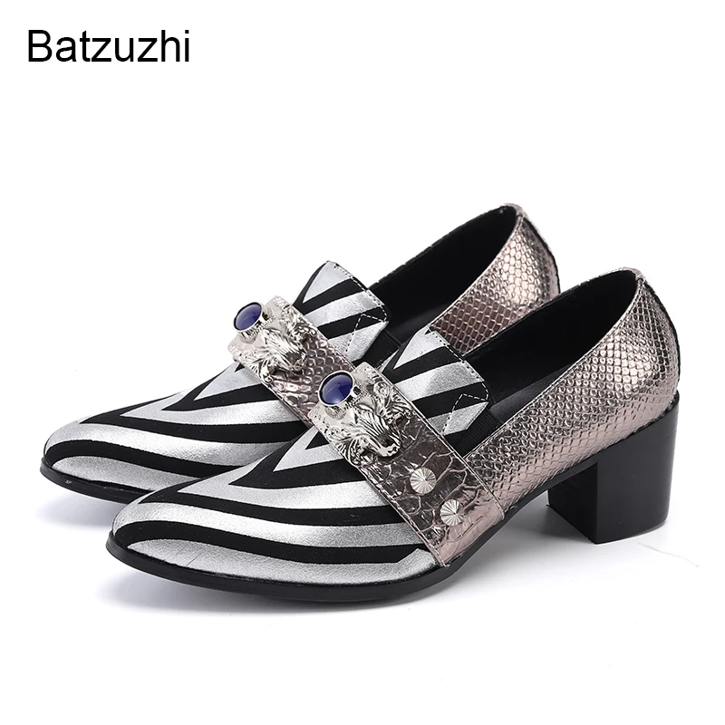 

Batzuzhi Fashion Men Shoes 7.5cm High Heels Slip on Golden/Grey Leather Dress Shoes for Men's Party and Wedding, Big Sizes 38-46