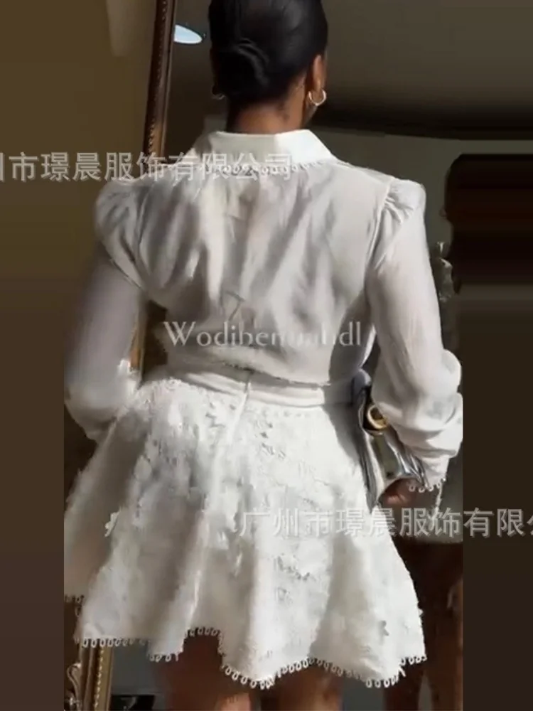 Wmstar Women Summer 2 Piece Outfits Elegant Lace Trim Puff Long Sleeve Blouse Floral Mini Skirt Set Party Casual Matching Suit