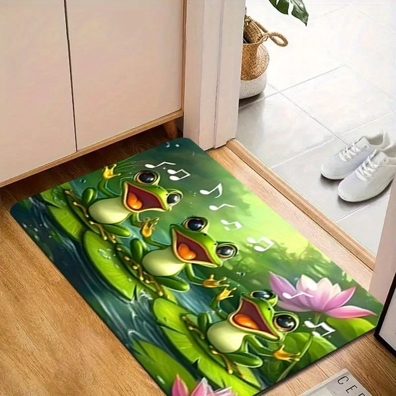 VIKAMA Cute Singing Frogs Bathroom Doormat Three Cartoon Frogs On Lotus Leaf Water‑absorbing Anti‑slip Household Bath Floor Mat