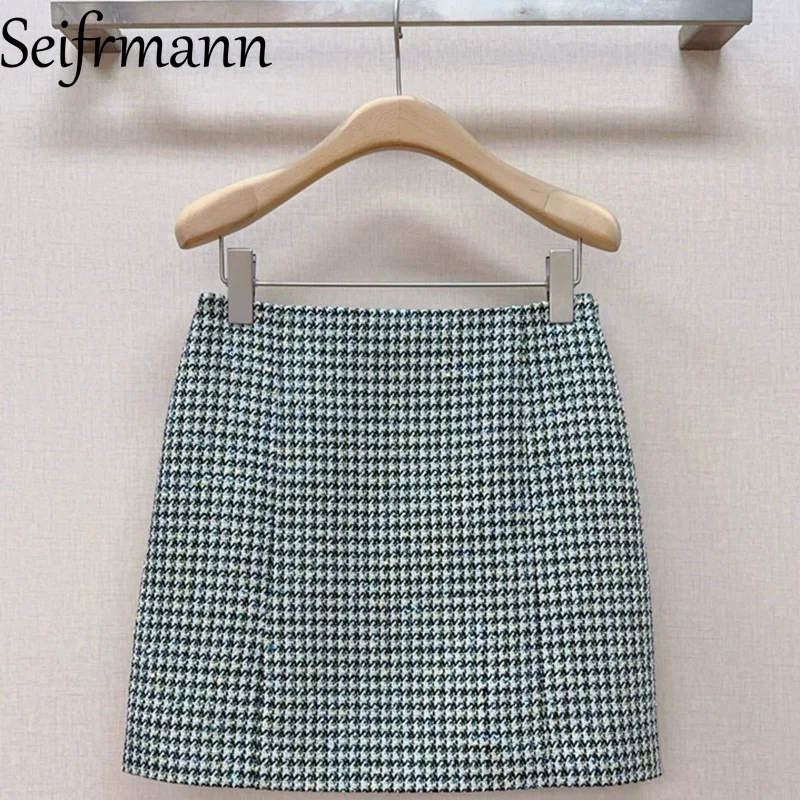 Seifrmann 2026 Summer Women's New Fashionable Checkered Printed sequin High Waist Bag Hip Half Skirt