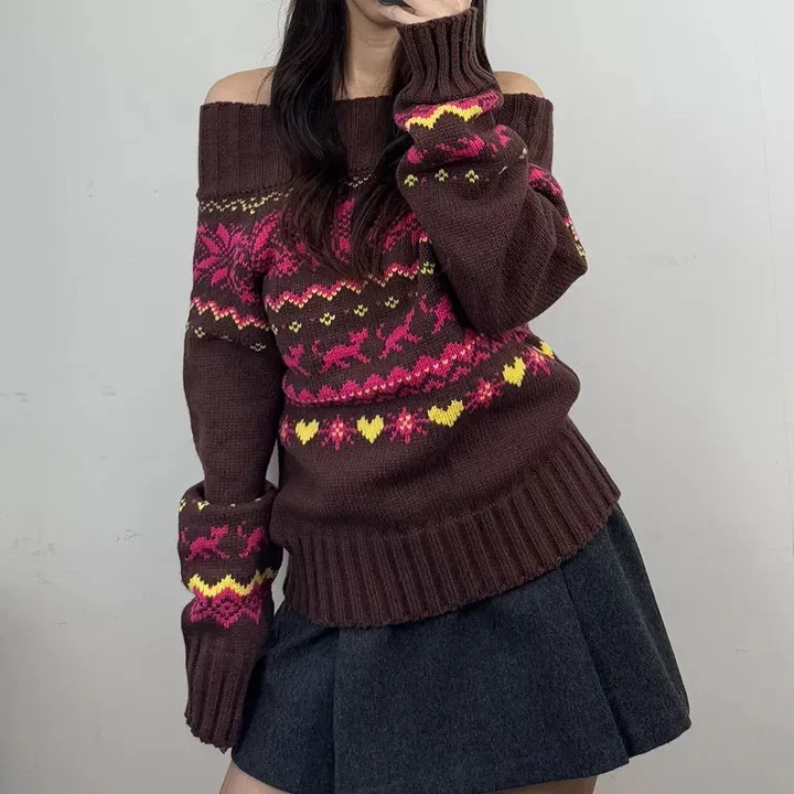 Dames Herfst Winter Chic Retro Fair Isle Knit Eén schouder ow off oulder High ade Sensation Super goed uitziende top