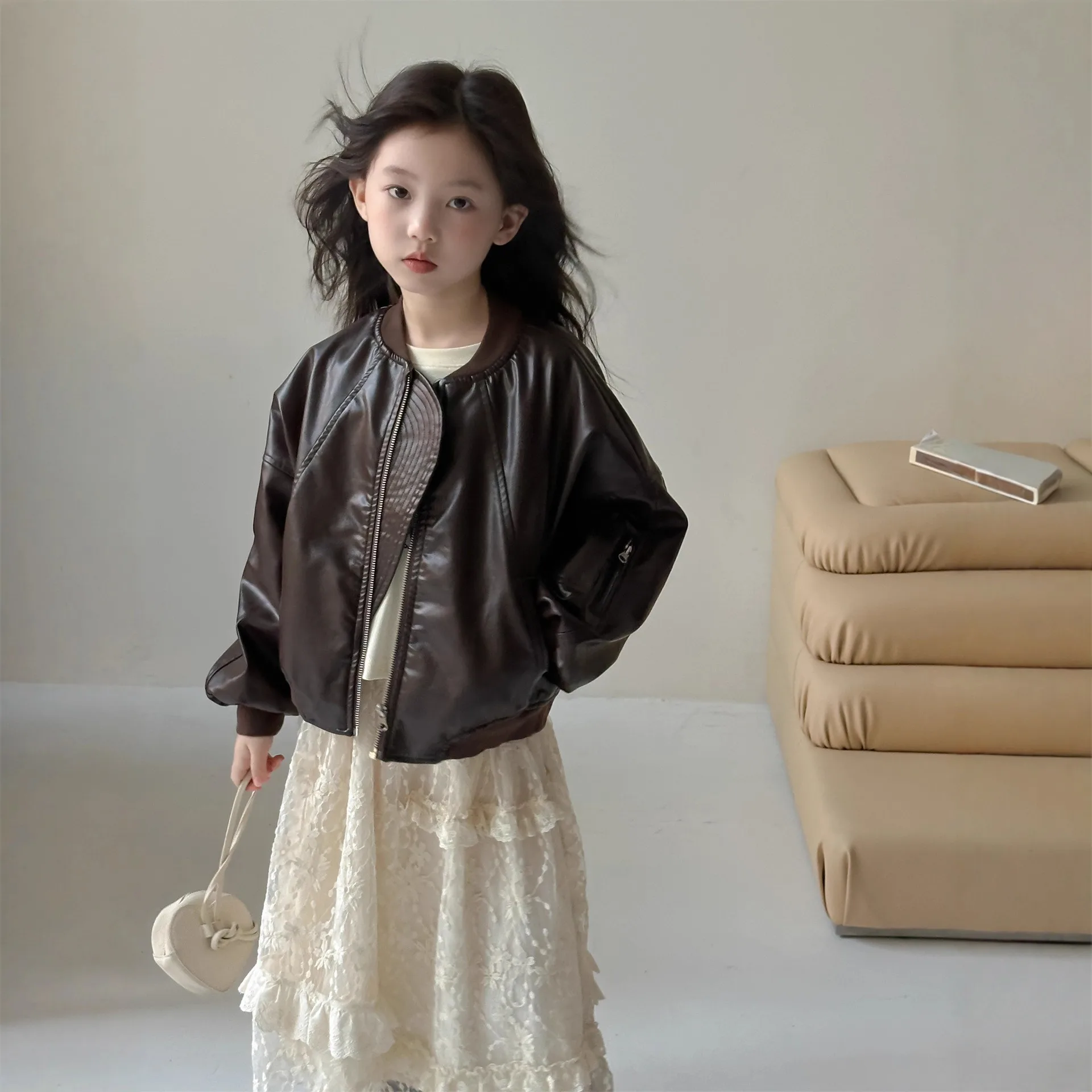Cool Girl's Biker Style Leather Jacket Fashionable Spring Autumn Outerwear Children's Clothing PU Material Kids' Jacket