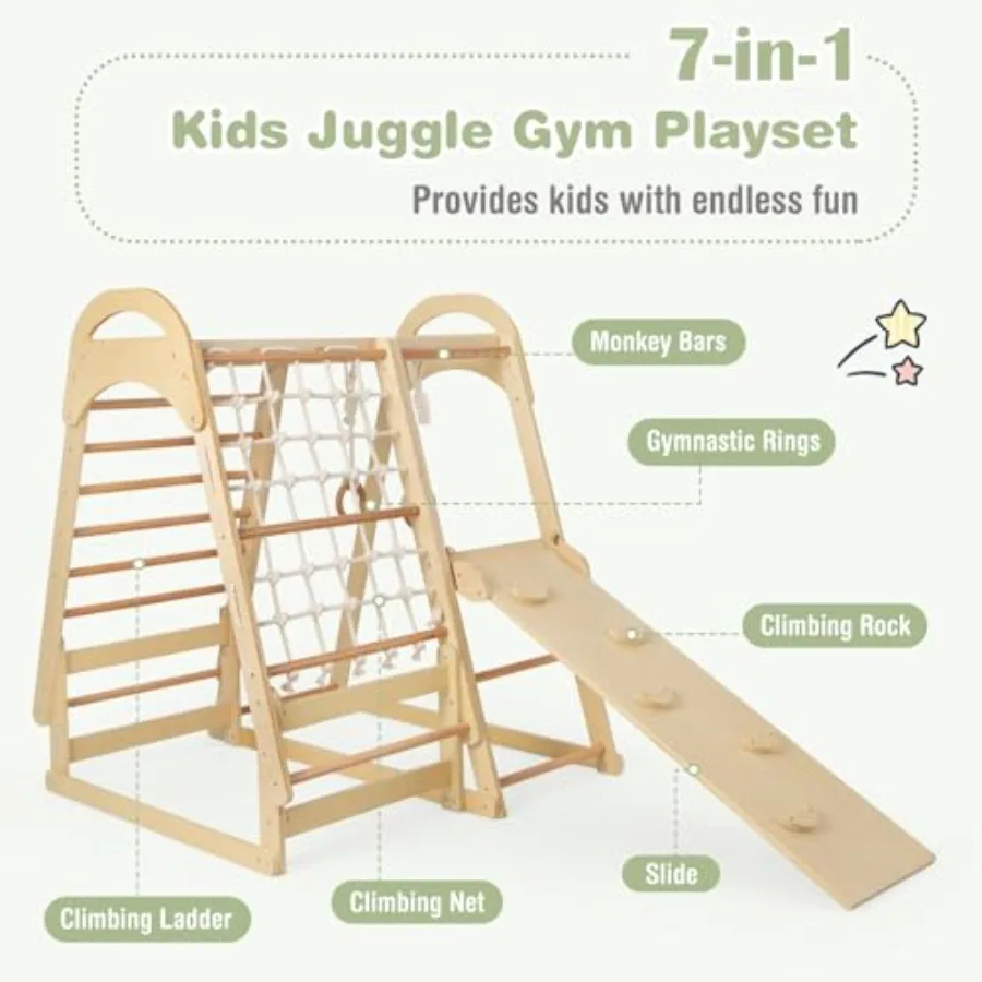 Indoor Playground 7in1 Toddler Montessori Climbing Toys Playset w Removable Tent Slide Climbing Rock Net and Ladder Monkey Bars