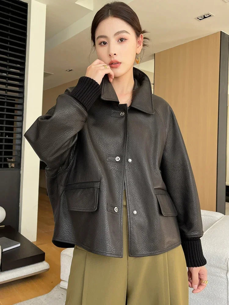 High-end Casual Cropped Genuine Leather Jackets for Women 2024 New Trend Ribbed Knitted Cuff Design Natural Sheepskin Coat