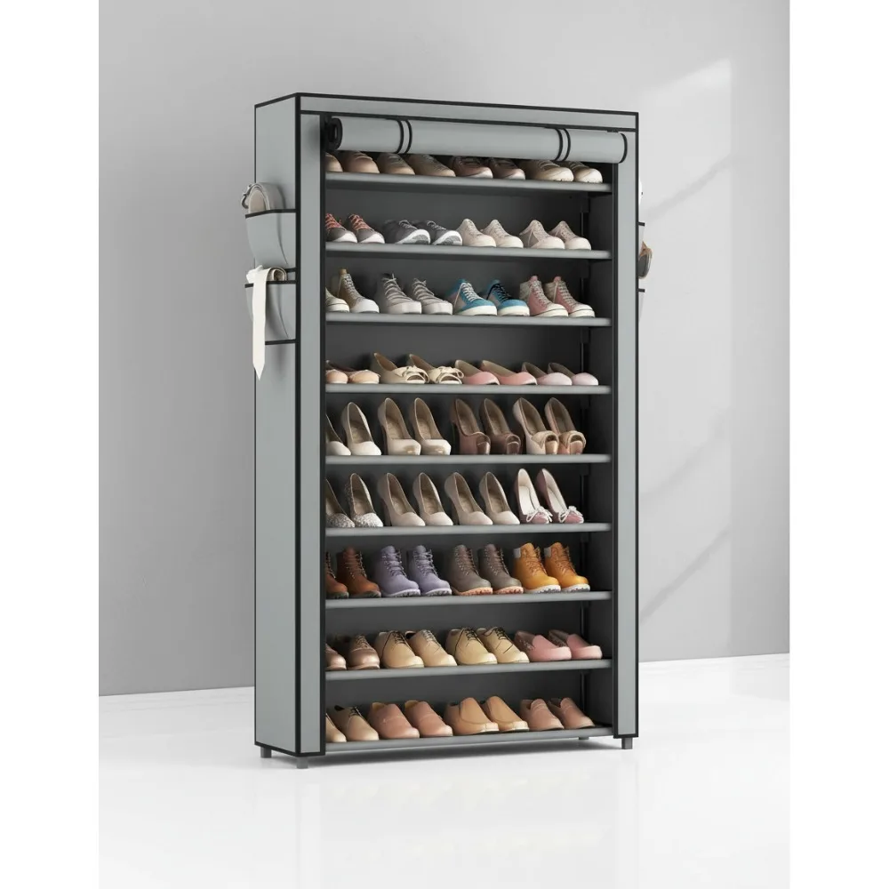 

10-Tier Tall Shoe Rack with Dust Covers, Large Capacity Storage Organizer for Closet Entryway Dorm Grey