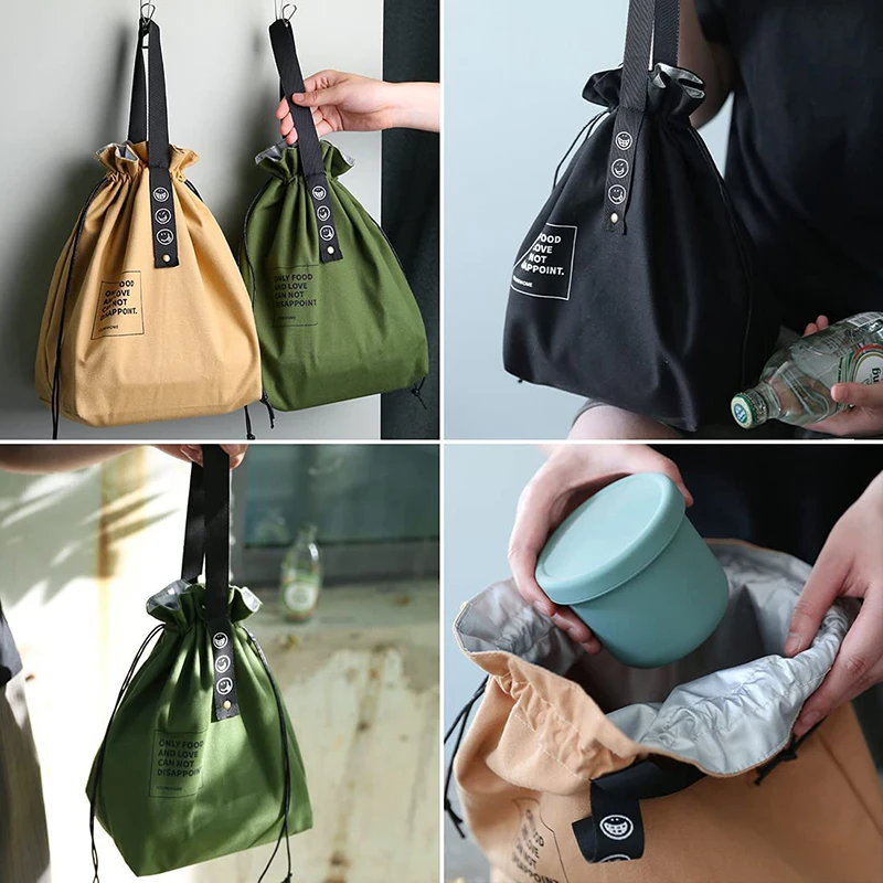 Drawstring Closure Canvas Thermal Lunch Bag Thermo Insulated Food Snack Breakfast Handbag for Woman Work Picnic Office Travel 가방