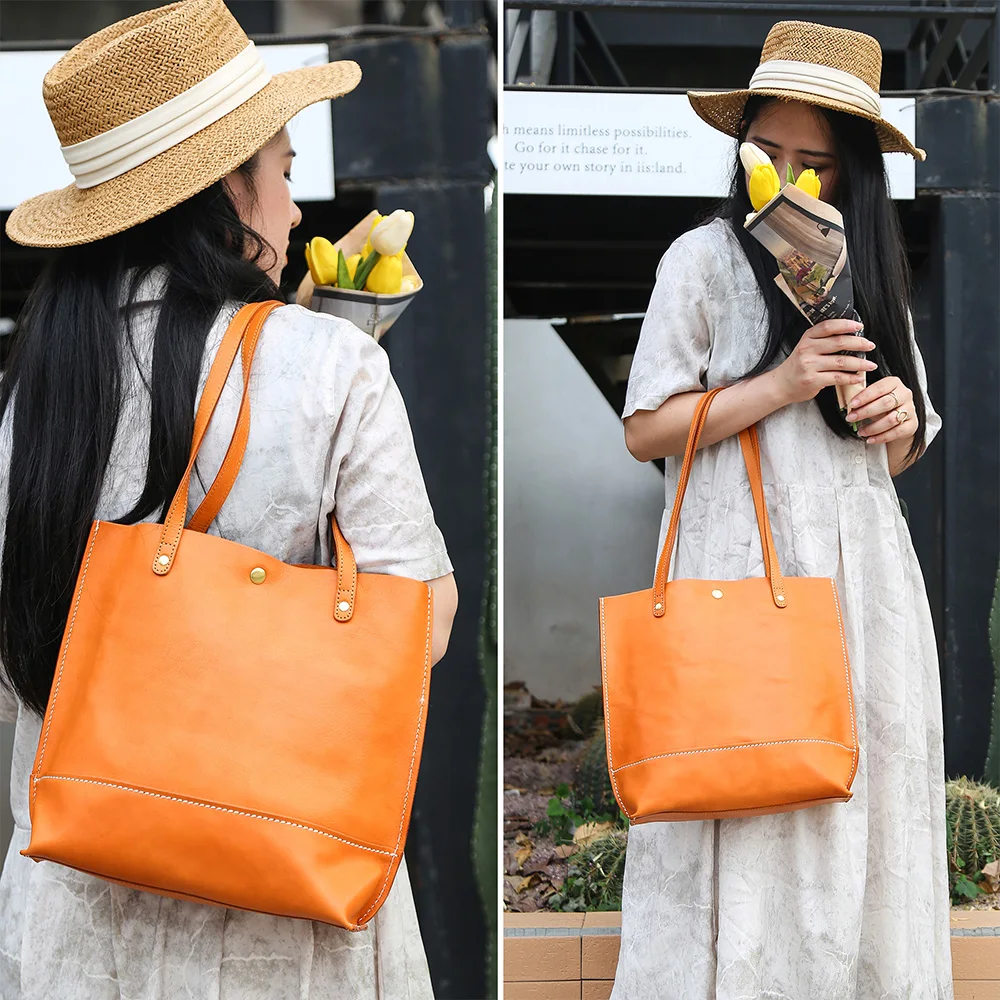 New Vintage Tote Bag Head Layer Cowhide Handbag Korean Version Casual Large Capacity Shoulder Bag for Women