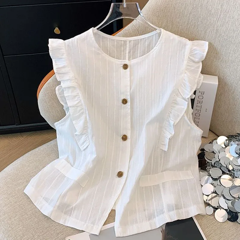 Korean Ladies Solid Color Casual Sleeveless Short Coat Summer Women Fashion Cardigan Waistcoat Tops Female Lotus Leaf Edge Vest