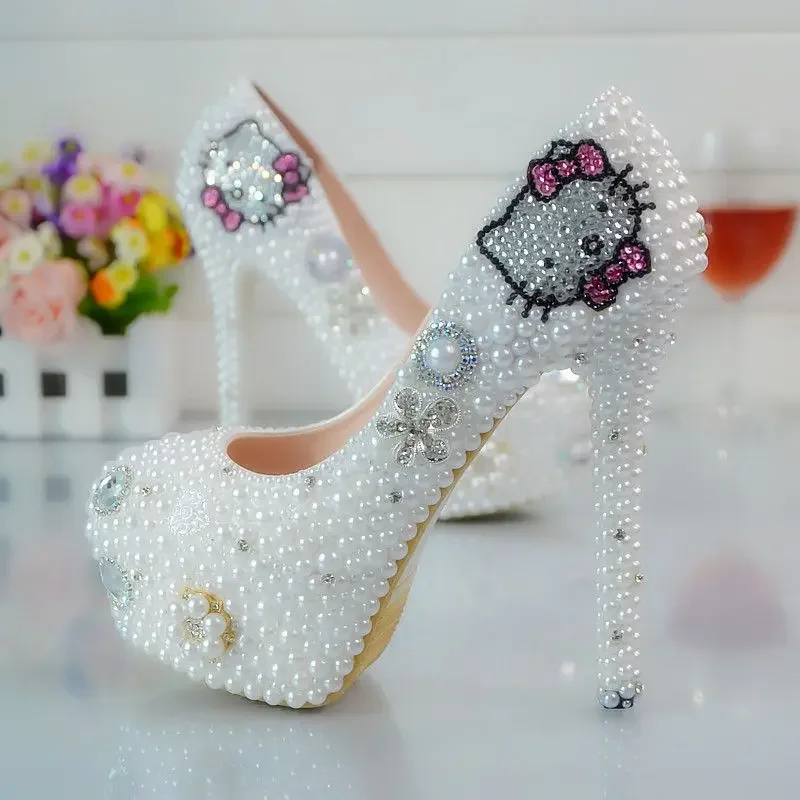 Hello Kitty zapatos de fiesta de boda con diamantes de imitación, zapatos hechos a mano, tacón alto, plataforma impermeable, lazo de boda