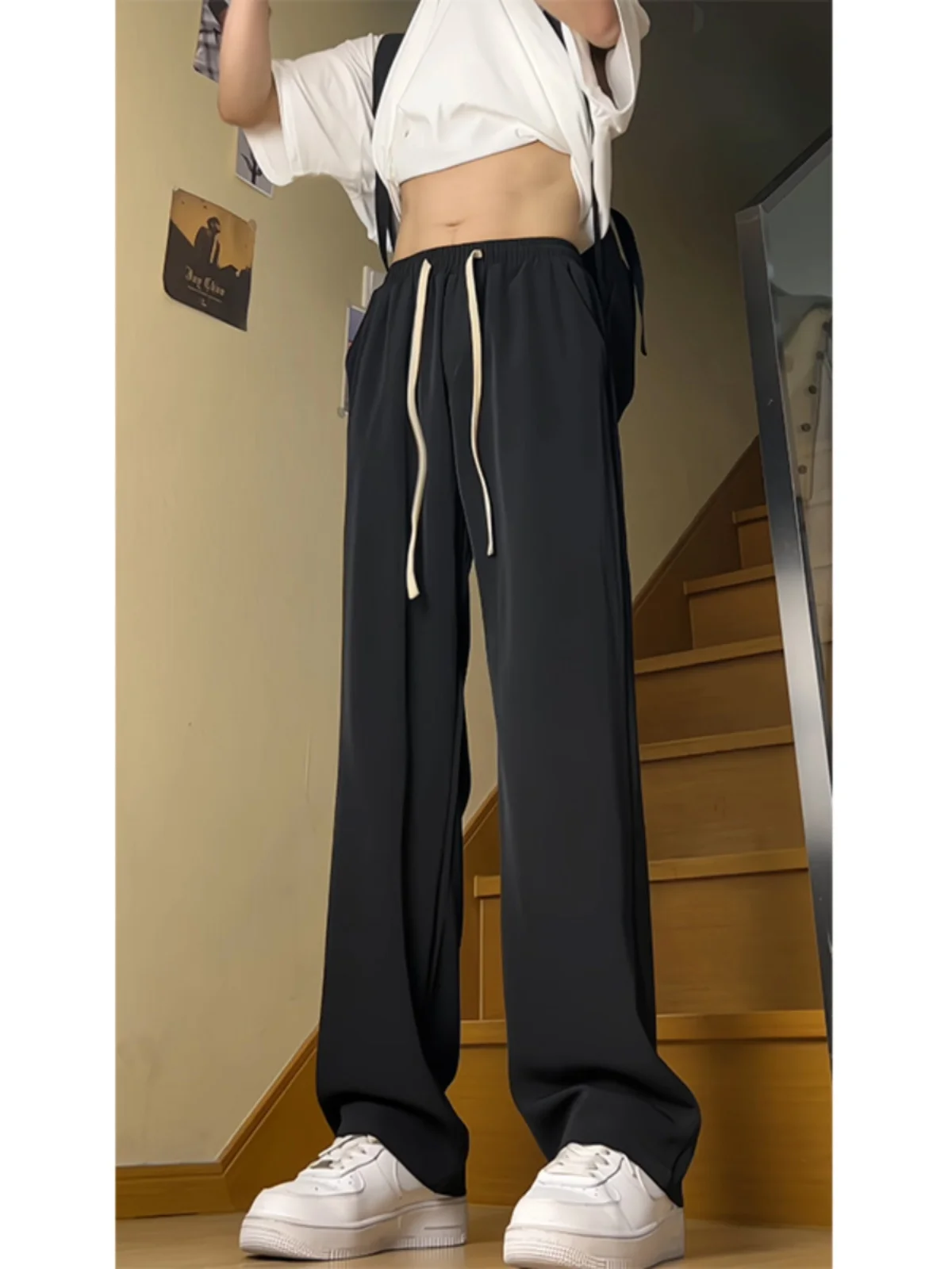

Cleanfit Men's Summer Cool Haome Bla High Waist Slimming American High Street Ice Silk Wide Leg Long Pants Straight Leg