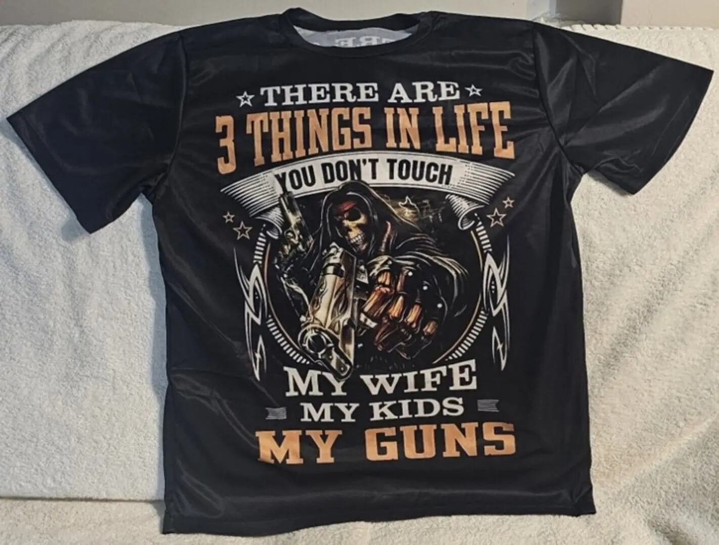 SKELETON GUN PISTOL FUNNY HUMOR DON'T TOUCH WIFE KIDS GUNS T-SHIRT