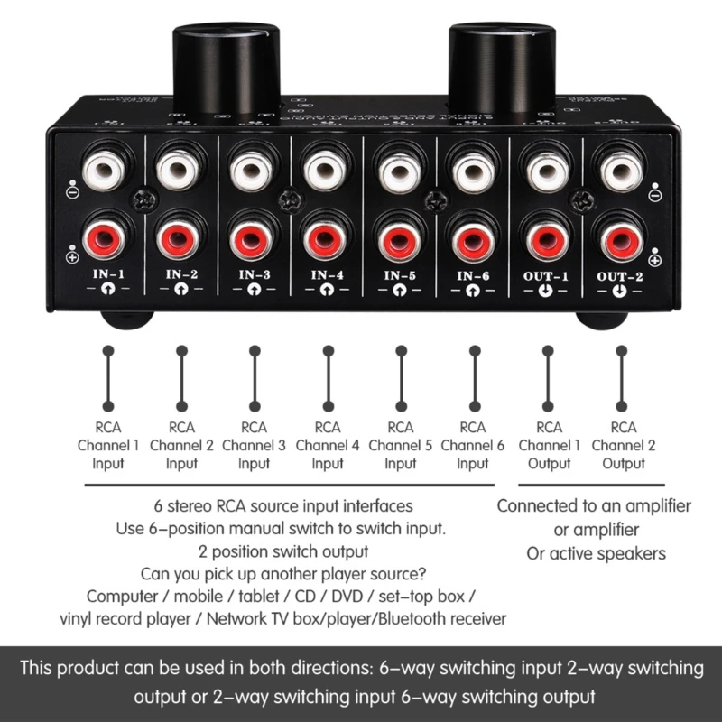 Convenient Sound Source Selection Splitters 6 in 2 out Switcher Box