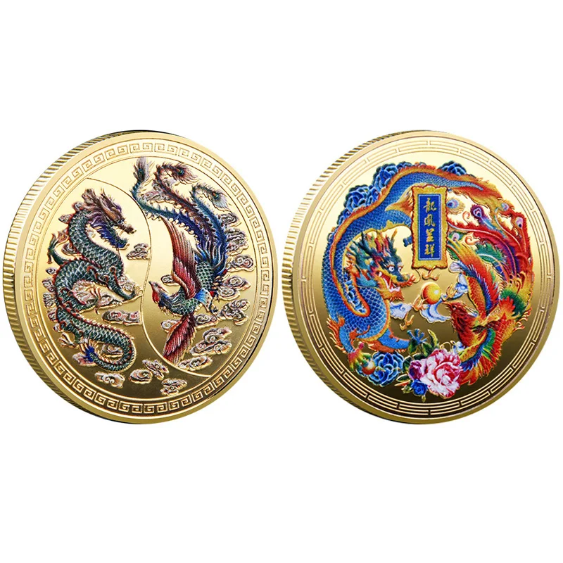 

Chinese Coin with Dragons and Phoenix 45mm Collectibles Coins Lucky Commemorative Medal Gold Plated Souvenir for Decor Feng Shui