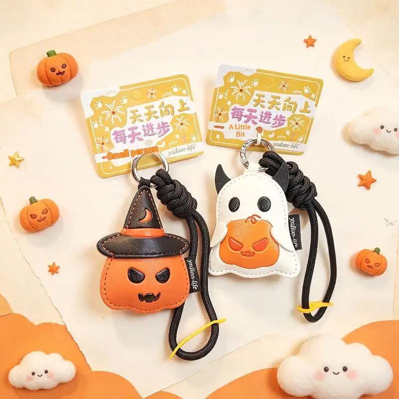Kürbis-Geist-Anhänger Schlüsselanhänger Cartoon-Taschenanhänger PU-Leder Feiertags-Schlüsselringe für Taschen Halloween-Partys Feiertagsausflüge – Detail 4