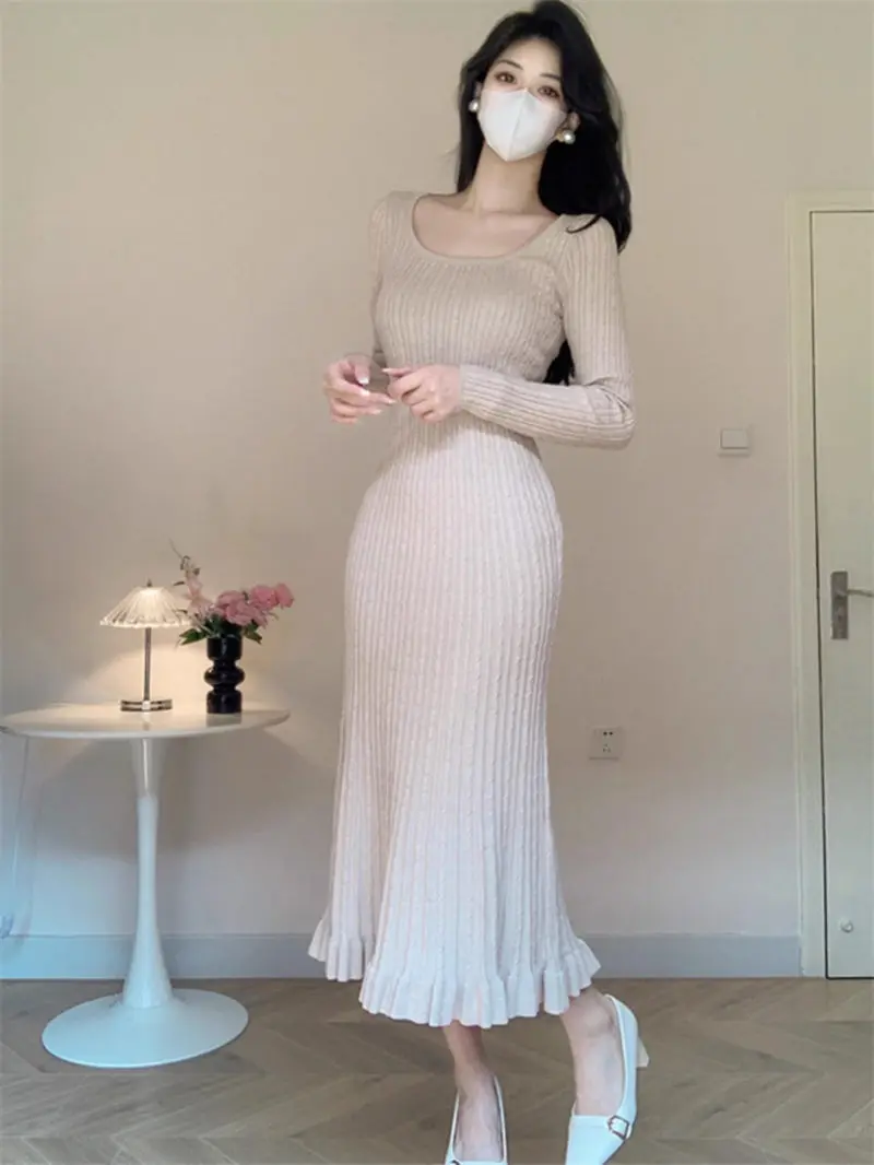 Autumn And Winter Knitted Dress With Low Round Neck Temperament Korean Version Slim Fit Versatile Base Sweater Dress Midi A360