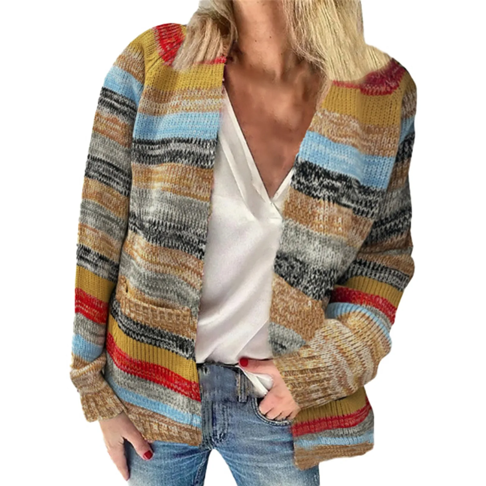 Pull cardigans à imprimé multicolore pour femme, manteau à manches longues, pulls de poche décontractés, élégant, automne, hiver, 2023