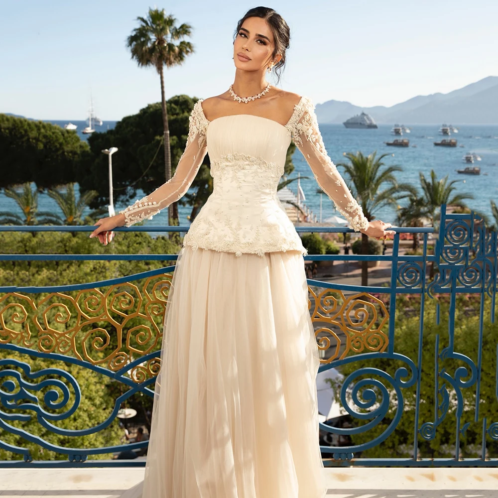 

Customized Square Collar Lace Tulle Evening Dress ILLUSION Full Sleeve Draped A-line Party Dress Backless Floor Length Prom Gown