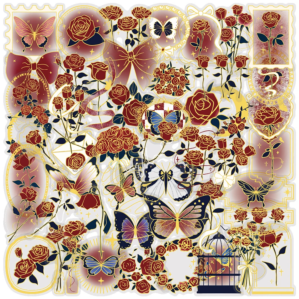 สติกเกอร์ลายการ์ตูนสไตล์วินเทจลายดอกกุหลาบ 10/30/50 ชิ้น สติกเกอร์ใส PET สำหรับตกแต่งกระเป๋าเดินทาง สมุดโน้ต โทรศัพท์ ของเล่น