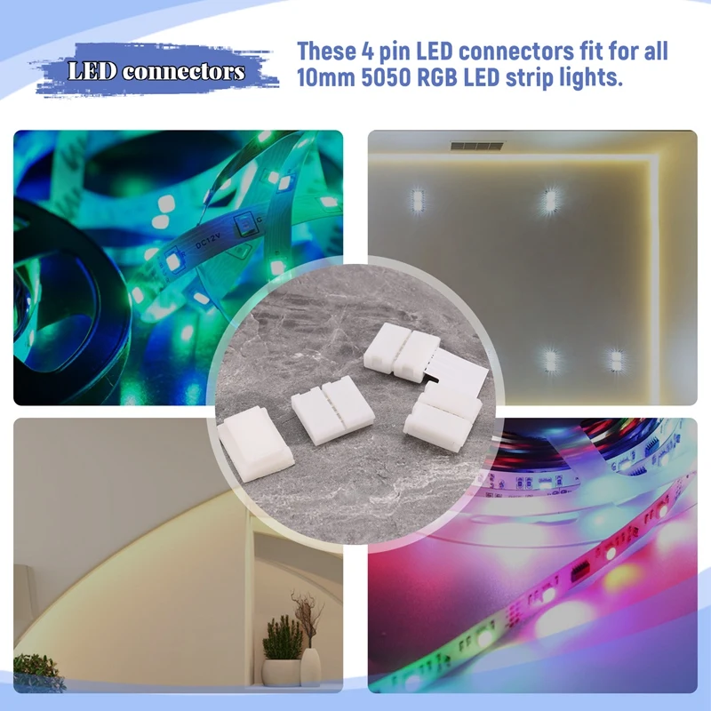 LED 스트립 커넥터, 5050 SMD 갭리스 커넥터용, L자형 커넥터, 4 핀, 10mm 솔더리스 RGB 라이트 스트립 커넥터