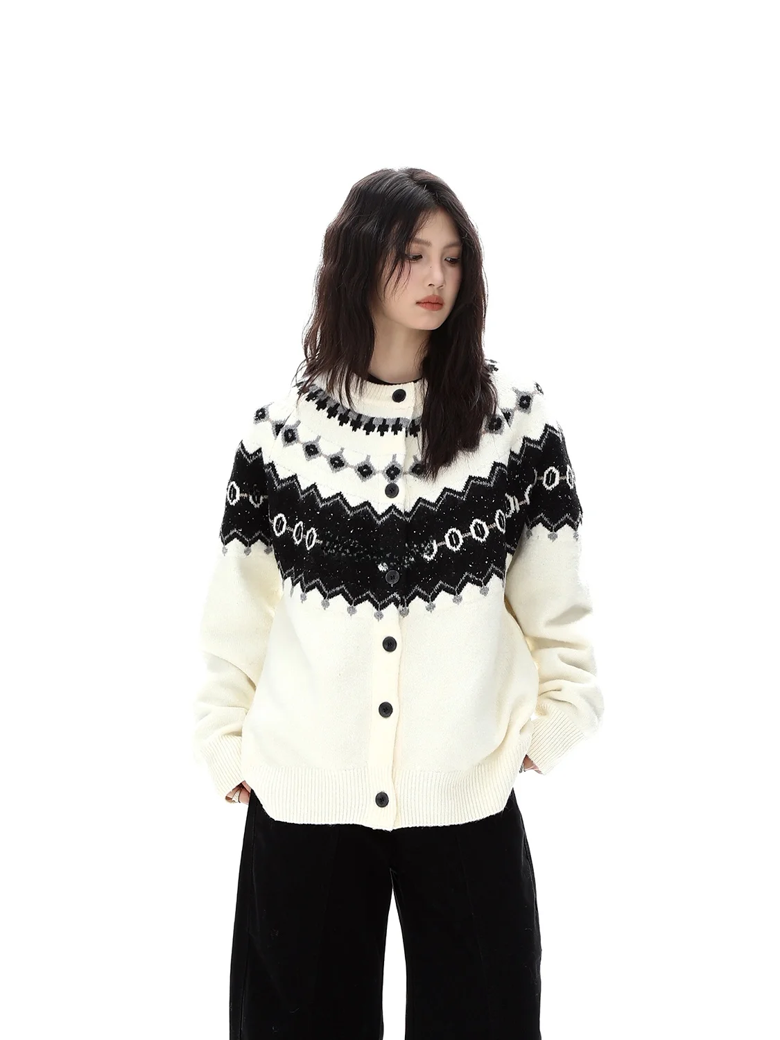 

AFOEOT Американский ретро-кардиган в стиле Fair Isle, свободный повседневный вязаный свитер в непринужденном стиле для мужчин и женщин