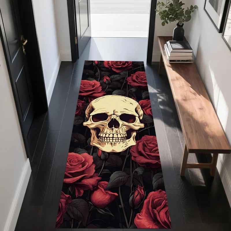 VIKAMA Gothic Skeleton Runner Rug Non Slip Durable Entrance Hall Floor Mat Living Room Side Area Rug Halloween Home Decor