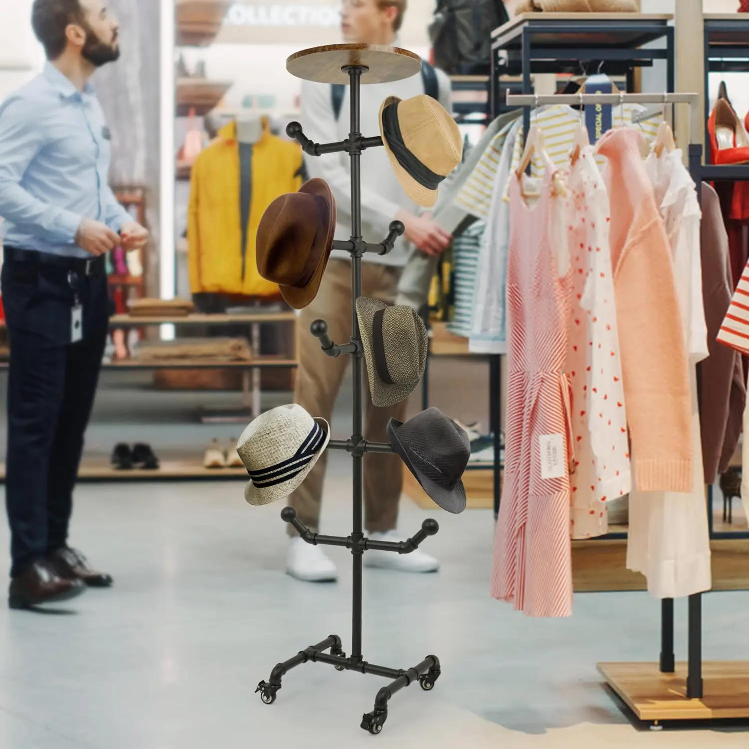 Uyoous-Hat Rack com Rodas, Industrial Display Stand, Rústico Metal Pipe Hat Rack, Independente, 5 Camadas