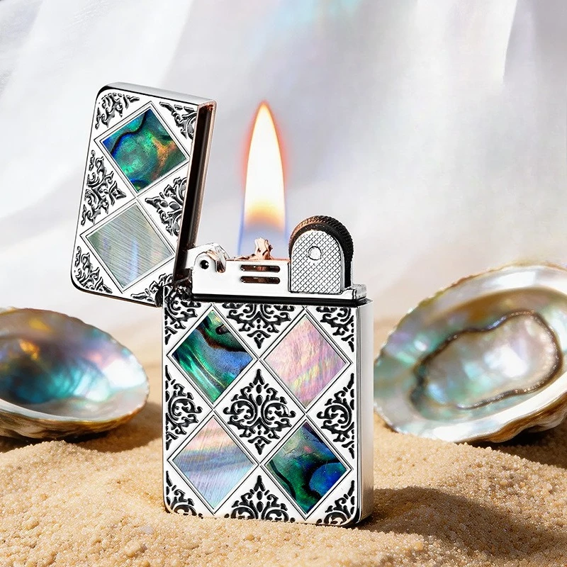 Vintage Silver Plated Elephant Pattern Lighter Windproof Inlaid Color Shell Men's Smoking Accessory Unique Gift Accessories