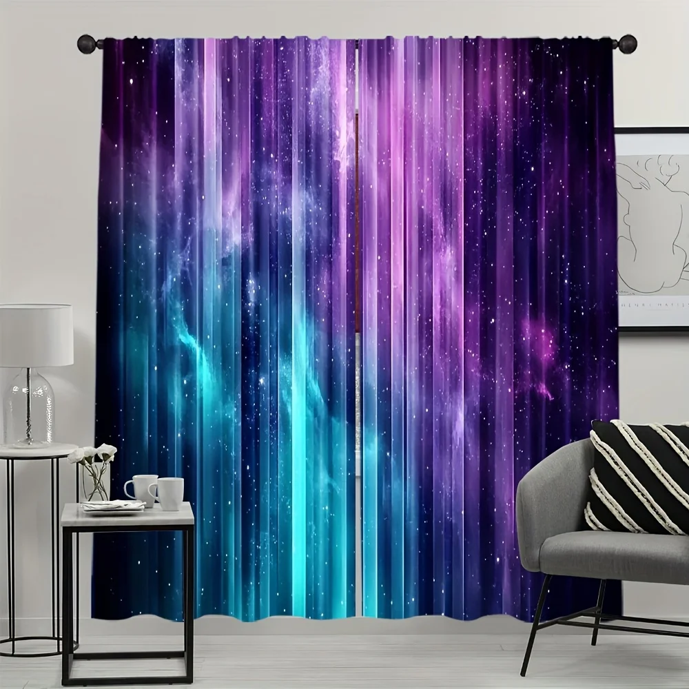 2pcs Blue-Purple Galaxy Fabric Curtains – Rod Pocket Design, Ideal for Kitchen Living Room and Bedroom Decor