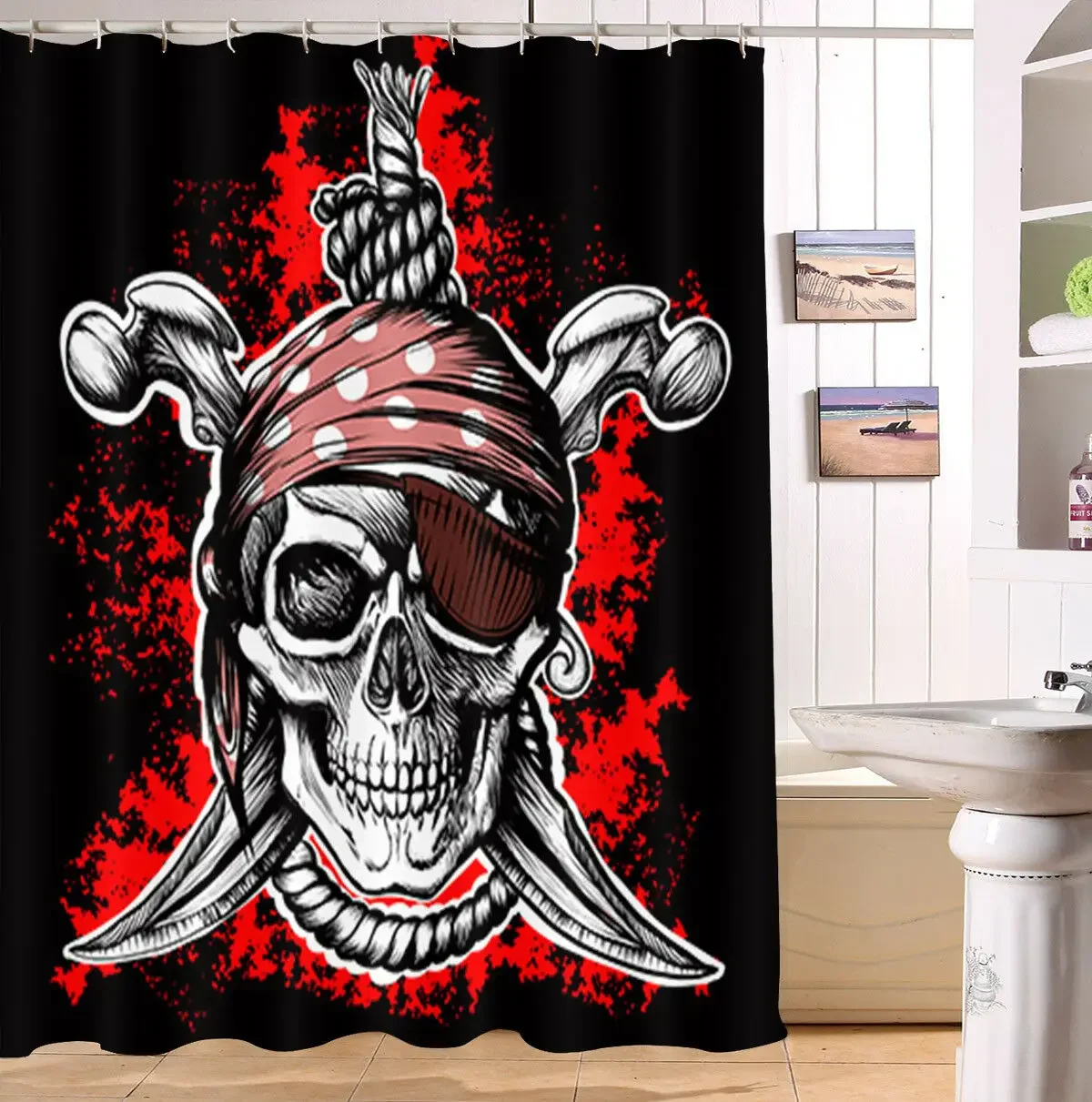 Unique Pirate Skull Shower Curtain Polyester Fabric Bathroom with 12Hooks