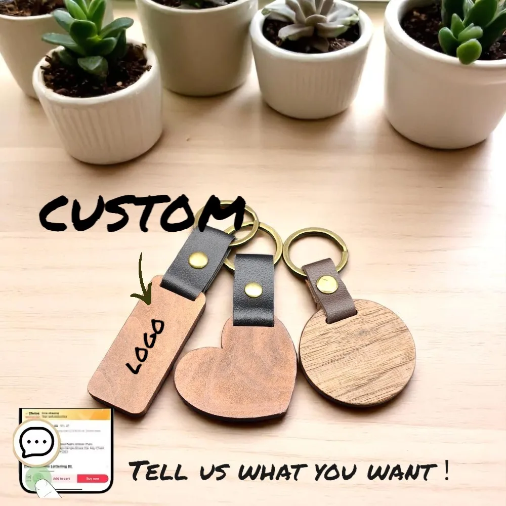 

1PC Custom Logo Wooden KeyChains Wood Leather Strap Car Key Keychain Blank Personalization For Wedding Pendant Gift