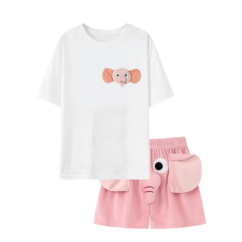 

Nightdress 3D Ears Elephant Trunk Pajamas Nose Loose Short Sleeve Sleepwear Funny T-shirt Shorts Nightwear Women Men