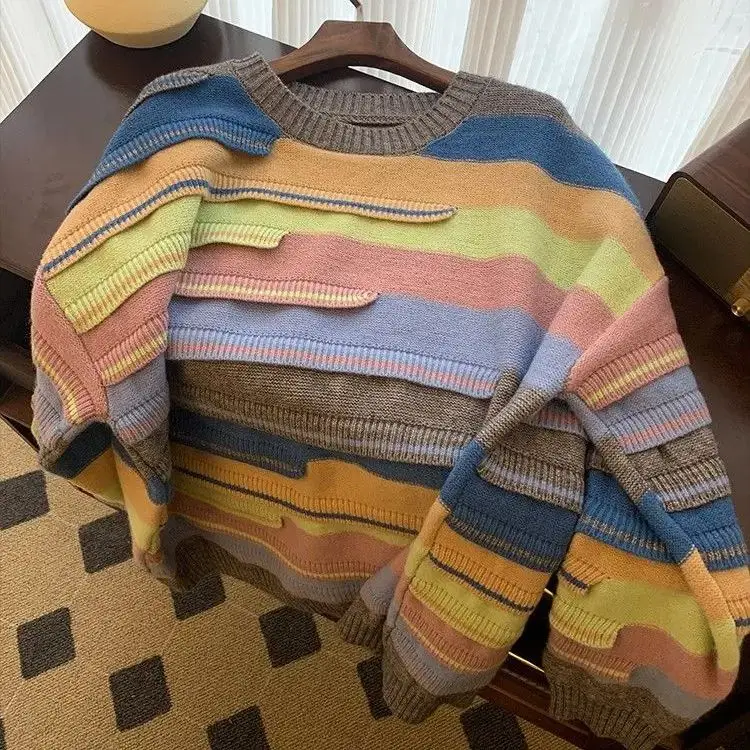 Striped Knitted Sweater Dopamine Lazy Rainbow Contrast Color Round Neck Thickened Women Loose Feel Soft Waxy Pullover