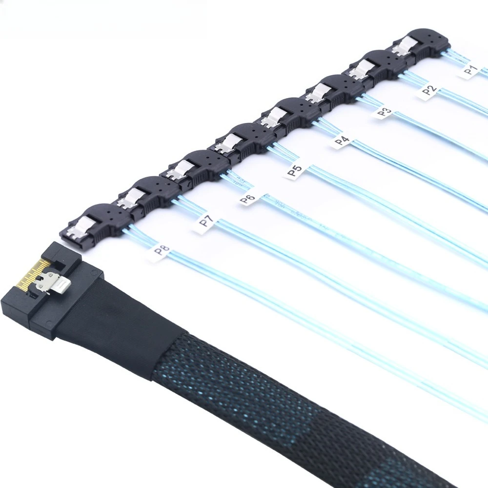 Slimline 4.0 SFF-8654 8i All-inclusive anti-skew plug-in to 8 SATA left-curved hard disk conversion cables