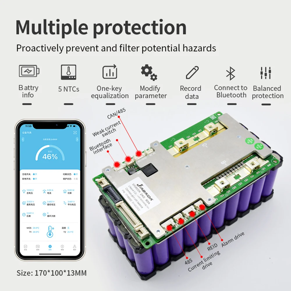 JBD Automatic Identify 8s-24s 8S 10S 12S 13S 14S 15S 16S 20S 21S 22S 24S 24V 36V 48V 60V 72V 40A-200A Smart BMS UART RS485 NTC