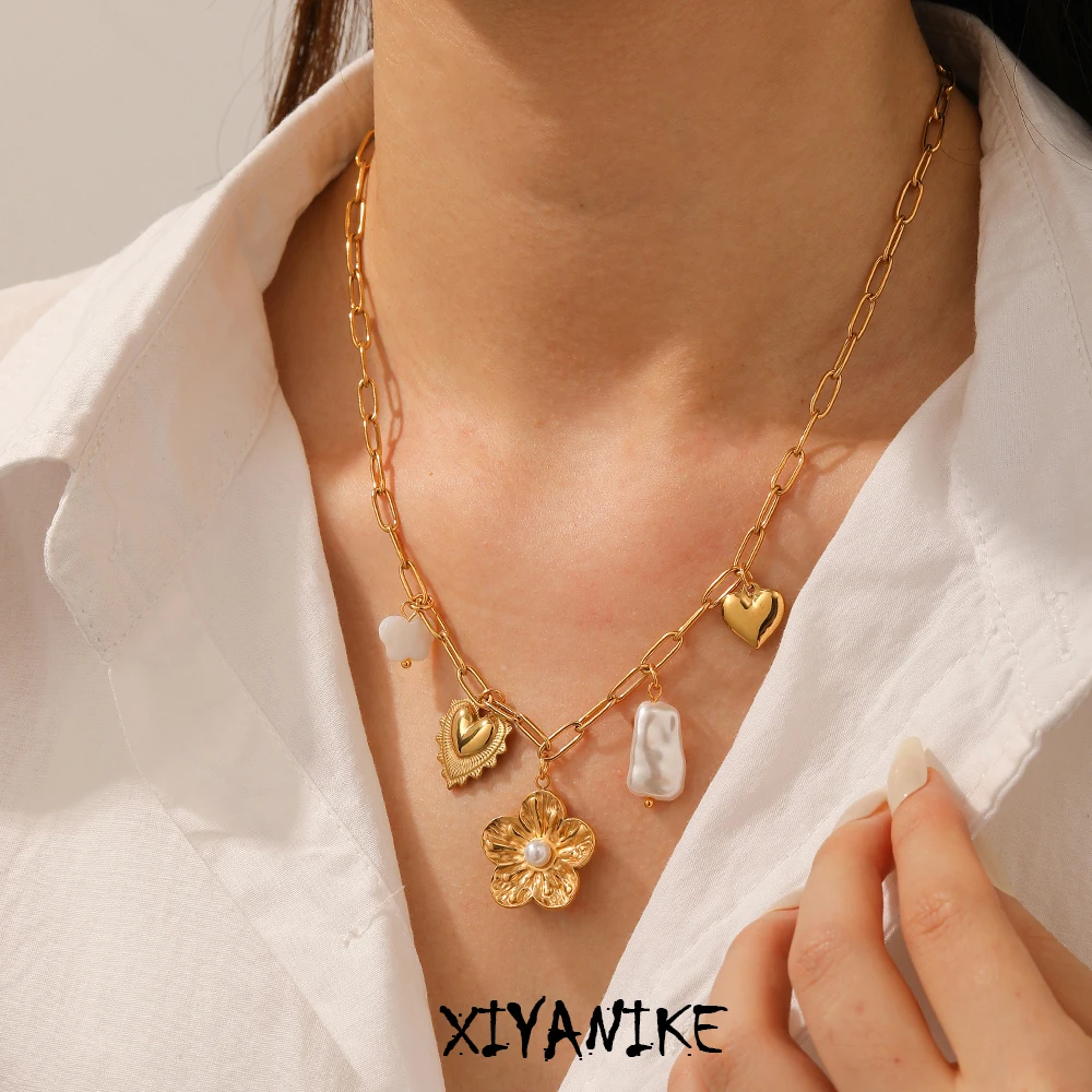 

XIYANIKE 316L Stainless Steel Pearl Inlay Flower Butterfly Heart Pendant Necklace Women Classic Fascinating Neck Chain Jewelry