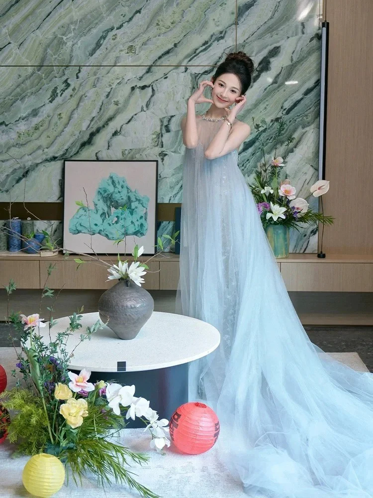 

Синий утренний халат Ele Blue Morning Robe для женщин, настраиваемый, для помолвки, дня рождения, банкета, вечернего выхода, из полиэфирного волокна