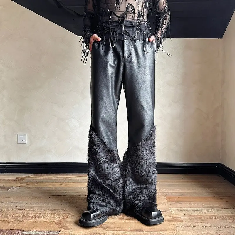 

Winter Fashionable High-End Mink Fur Cuffed Pants Punk Rock Performance Men's Singer PU Leather Patchwork Straight Leg Jeans