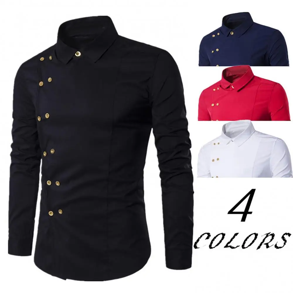 

Shirt Men Long Sleeve Cotton Buttons Turn Down Collar Diagonal Double-breasted Shirt