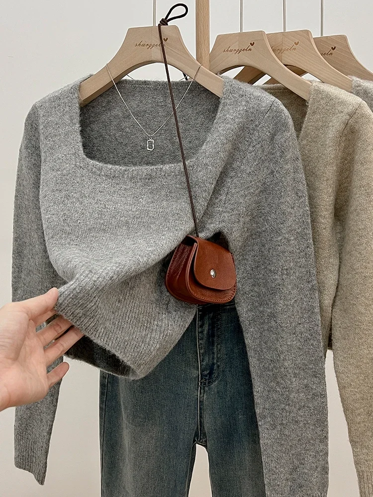 Вязаный свитер с квадратным воротником, женские топы, осень-зима 2022, корейские однотонные модные повседневные длинные пуловеры све, женская одежда