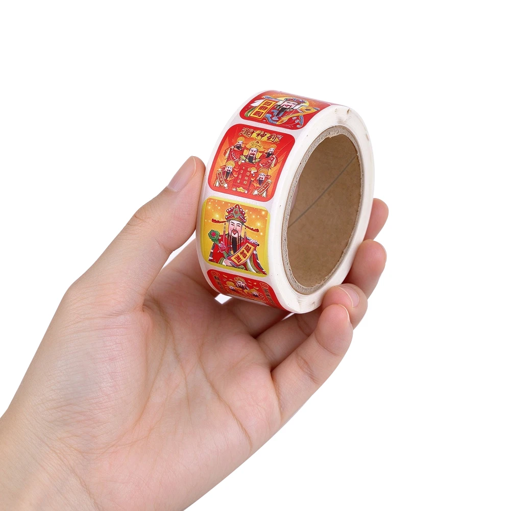 Chinese God of Wealth Roll Stickers Square Self Adhesive Labels New Year Festival Decor Gift Package Sealing Sticker Craft