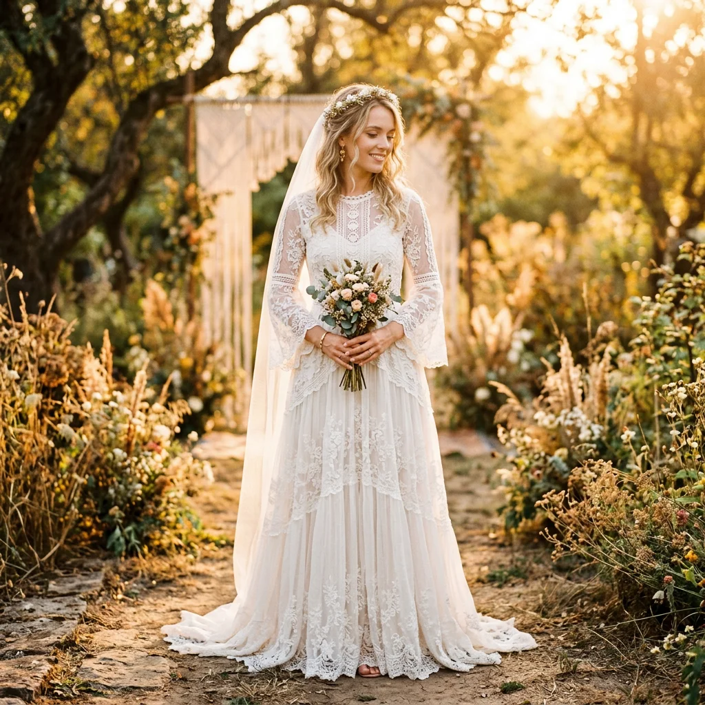 Bohemian High Neck Bell Sleeve Tiered Lace Wedding Dress A Line Rustic Bridal Gown