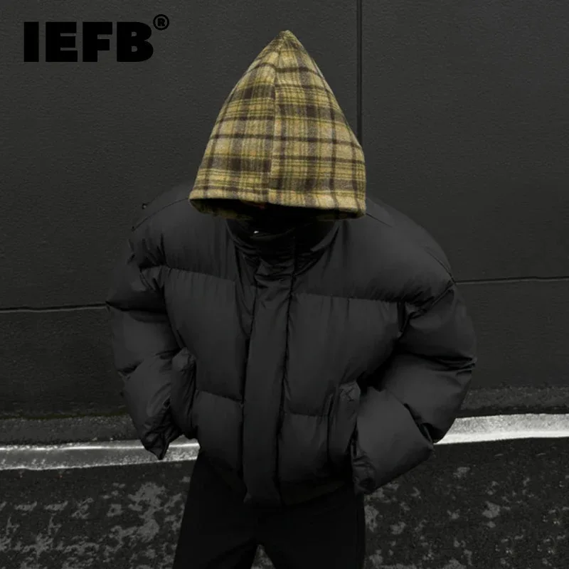 IEFB Woolen Plaid Detachable Hooded Coat Men Wear Winter Patchwork Short Jacket Niche Design Male Clothing New Fashion 9C9088