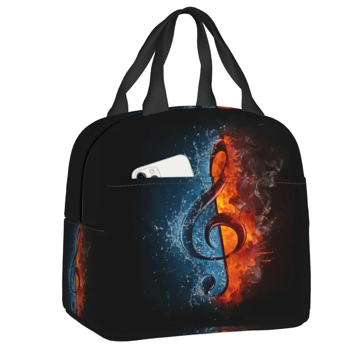 Music Notes In Fire And Water Insulated Lunch Box for Women Reusable Thermal Cooler Lunch Bag Picnic Food Container Tote Bags