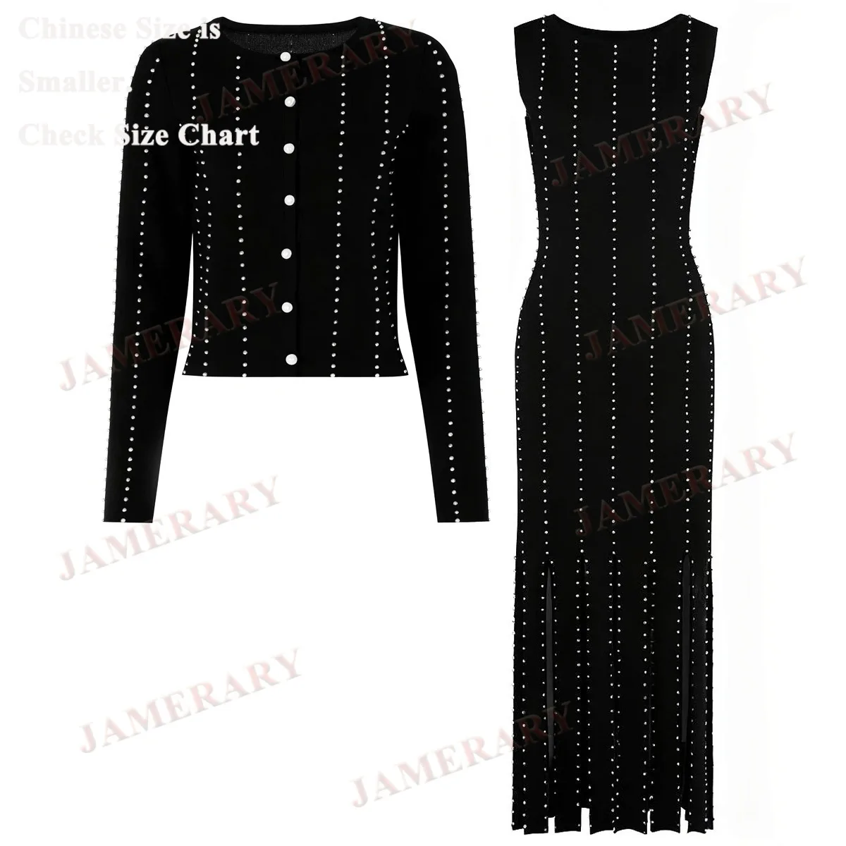 

Elegant Brand Summer Autumn Knitted Long Sweater Dress Women Stripe Pearls Cardigans Tank Dresses Winter Clothes Two Piece Set