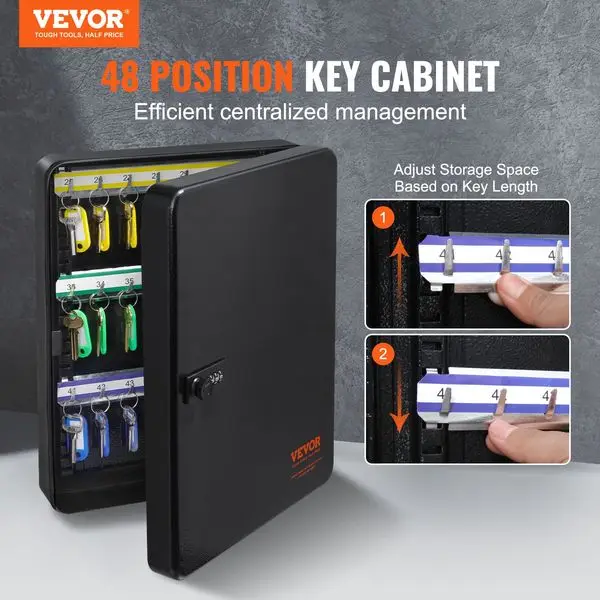 VEVOR 48-Key Cabinet, Key Safe with Combination & Key Lock, Digital Security Storage Box Steel Key Organizer with Adjustable