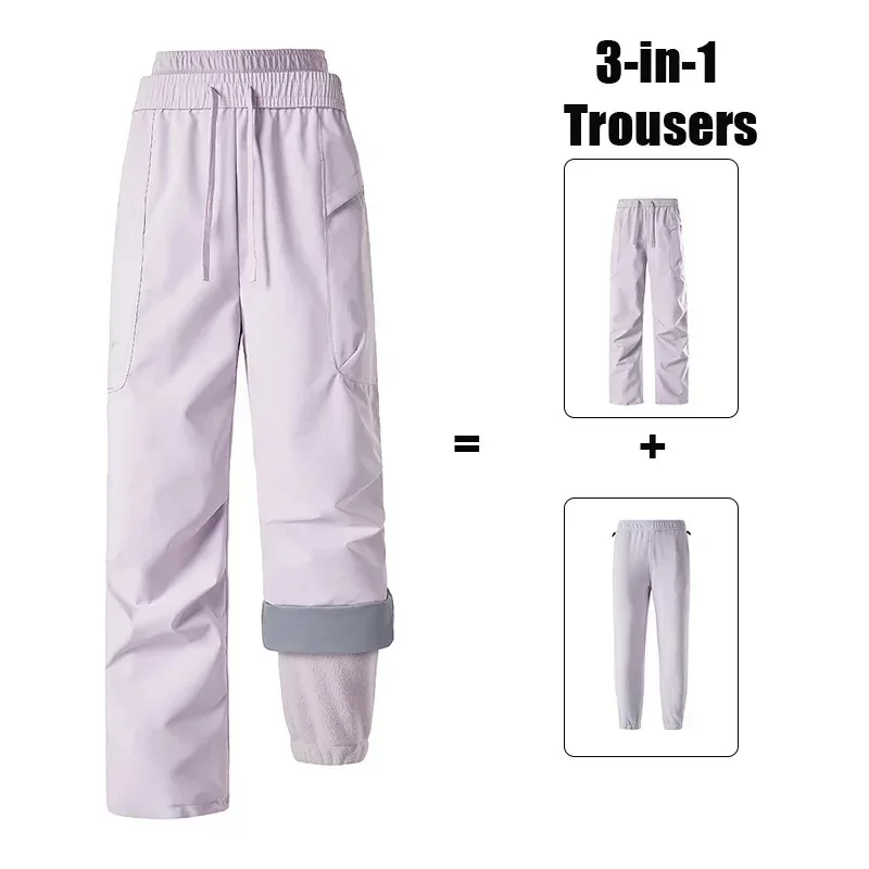 three-in-one-fleece-lined-ski-pants-women's-winter-cold-proof-waterproof-hiking-climbing-trousers-outdoor-style-straight-leg