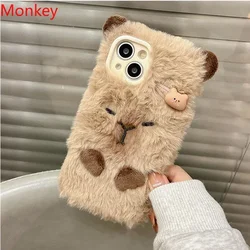 Ins Korean Cute Capybara Soft Cases For iPhone 17 Pro Max 16 15 14 Plus 13 12 11 Winter Furry Fluffy Fur Shockproof Cover Coque
