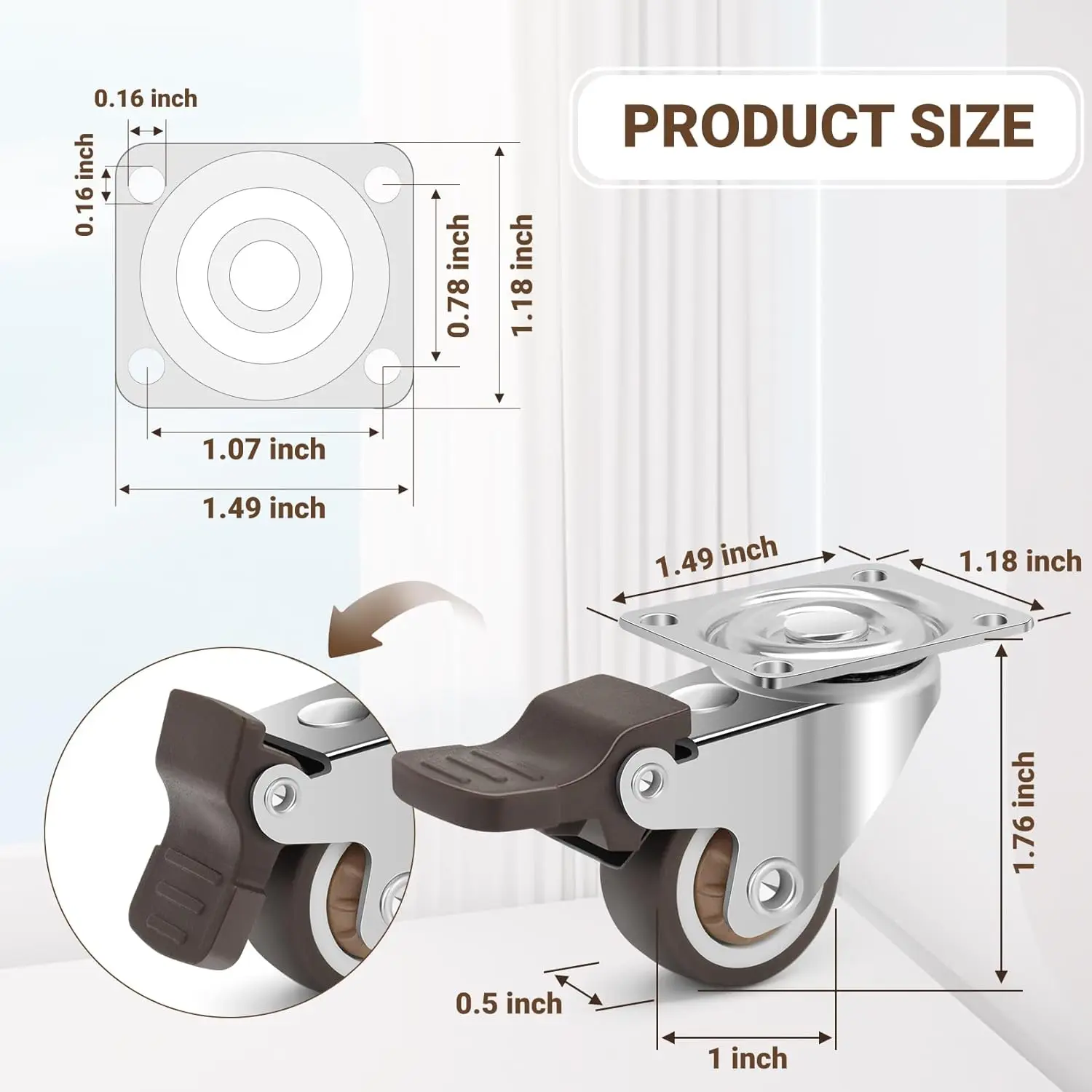 Small Caster Wheels 1/2 Inch - Silent Rubber Wheel Plate 360 Degree Swivel Casters with Brakes, Furniture Wheels Planter Wheels
