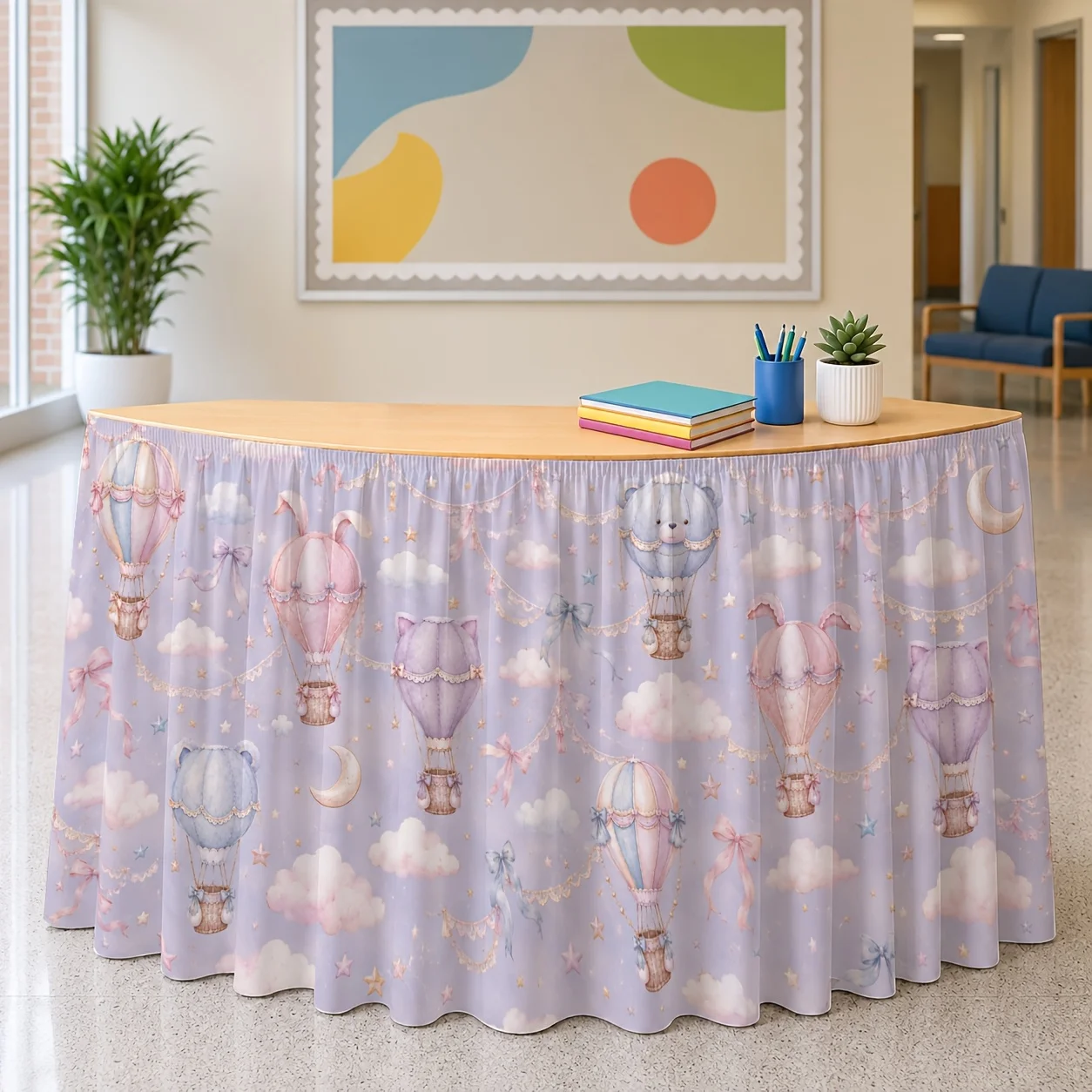 Birthday tablecloth table skirt spring and summer celebration decoration, pastel dream hot air balloon moire 1 piece