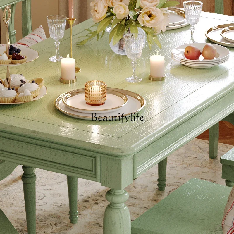 American-Style Solid Wood Retro Green Dining Table and Chair Rectangular French Retro Ash Dining Table